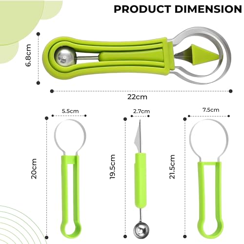 Image of Kraptick Melon Baller Scoop Set, Watermelon Cutter and Slicer, Fruit Carving Tools Set, Fruits Slicer Set, Watermelon Knife Slicer, Fruit Cutting Tools-3 Pc Sets Stainless Steel (Green)