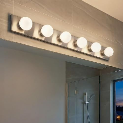Image of Kichler 626NI 36 inch Bath Bar 6-Light Vanity Light Fixture with Brushed Nickel Finish for Bathroom over Mirror, Traditional Style Lighting (36 inch L x 4.25 inch H), 626NI