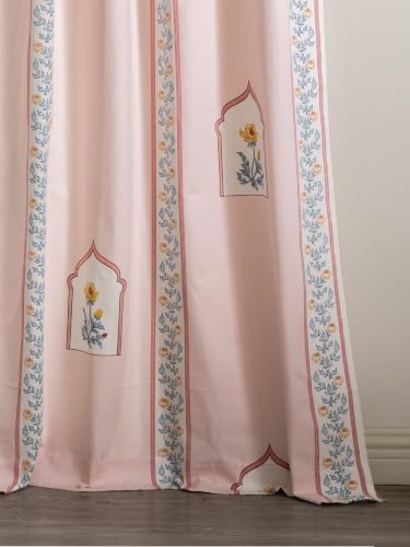 Image of Tranquebar Curtain Co. Cotton Curtains 7 Feet Long Set of 2,60-65% Room Darkening,Multi Peach Mughal Print,Door Curtains 7 Feet Set of 2,Door Curtains 7 Feet Set of 2,BackTabs, Noor (213 cm)-Set of 2