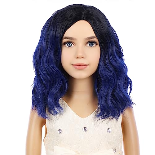 Image of PATTNIUM Kids Child Wig Black Blue Wig Short Wavy Wig Dark Blue Wig for Kids Cosplay Costume Synthetic Hair Blue Wig (Black Ombre Blue)