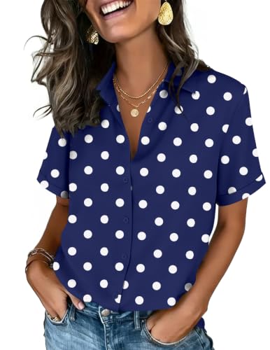 Image of Zeagoo Tops for Women Button Down Short Sleeve Shirts Polka Dot Blouses