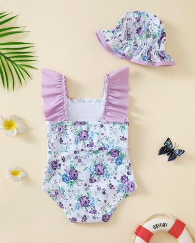 Image of Toddler Girl Swimsuit Baby Girl Bathing Suit Long Sleeve Floral Zipper One-Piece Rash Guard Swimsuit with Hat