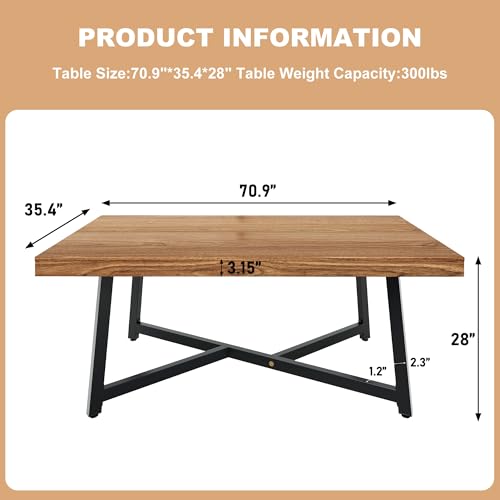 Image of 71 inch Farmhouse Dining Table for 4,6,8 People,Wooden Rustic Kitchen Table W /Thickness Waterproof Wood Tabletop,Rectangular Long Brown Dinner Table for Home Office,Dining Room,Living Room Furniture