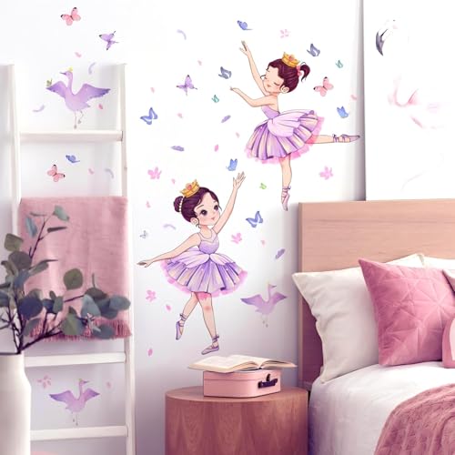 Butterfly Girl Wall Stickers,Swans Flower Princess Wall Decal,Pink Floral Wall Mural Colorful Butterflies Wall Decor - Image 2