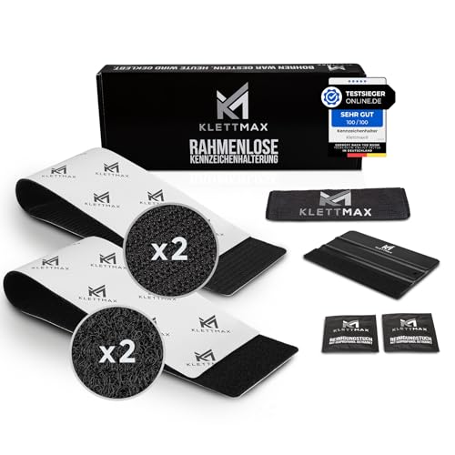 KLETTMAX® Rahmenloser Kennzeichenhalter mit Klett – Bombenfester, wetterfester Nummernschildhalter (EU Standard 520mm) – Einfache Montage, Kein Rahmen, Legal für Auto