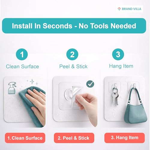 Image of BRAND VILLA Adhesive Wall Hooks Heavy Duty, Waterproof No Drill Clear Sticky Hooks for Bathroom Kitchen Shower, Strong Self Adhesive Hooks for Towels, Utensils, Keys - Damage-Free (20 Pack)