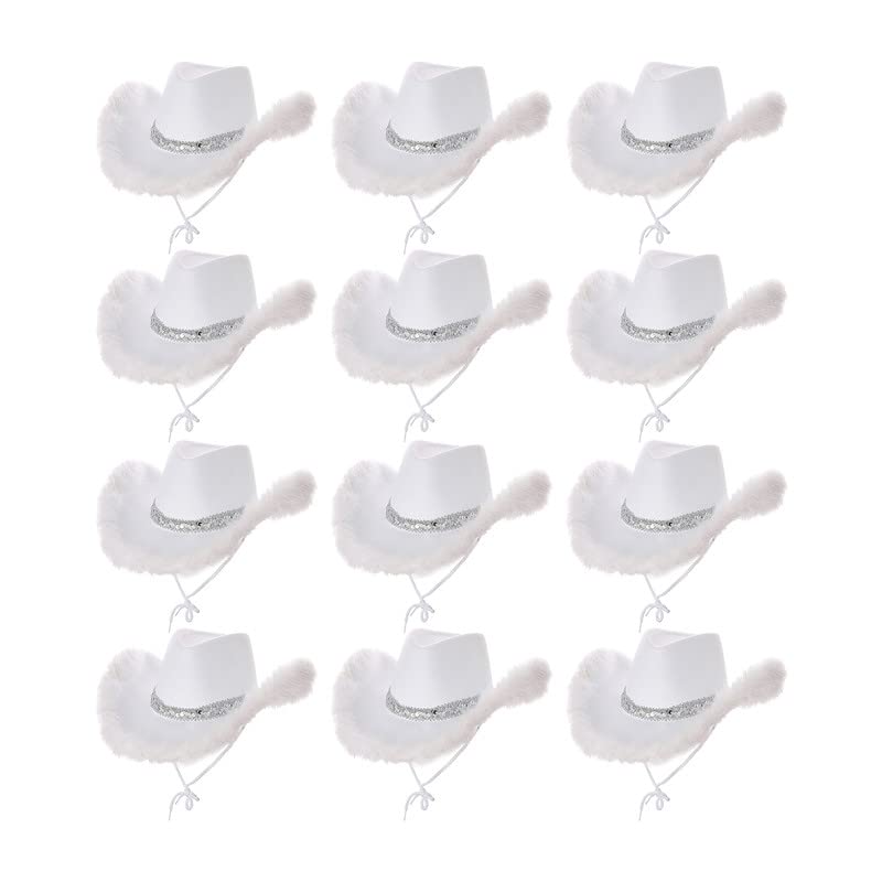 My Illusions Fluffy White Cowgirl Hat with Feathers and Sequins Cowboy Fancy Dress Festival Costume Accessory (12 Pack)