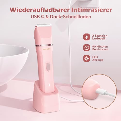 Intimrasierer für Frauen, Elektrischer Rasierer Damen mit 3 Aufsätzen, kabelloser und wiederaufladbarer Trimmer Damen für Intimbereich, Gesicht und Beine, Hautschonend & sanft(Rosa)