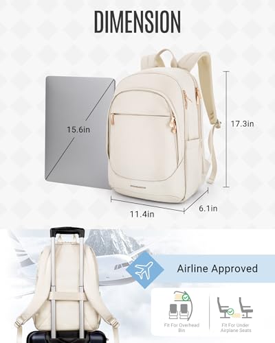Image of LIGHT FLIGHT Travel Laptop Backpack for Women, 15.6 Inch Backpack with USB Charging Hole, Water Resistant College Bookbag, Large Capacity Black Computer Backpacks for Work, Warm Beige