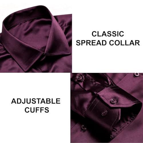 Image of Hi-Tie Men's Silk Satin Dress Shirts Long Sleeve Shiny Casual Button Up Shirts Luxury Party Disco Prom Wedding Shirt
