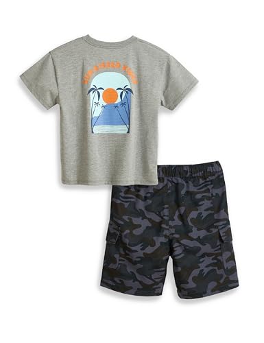 Image of Amazon Brand - Symbol Boy's Graphic Print Oversized Fit T-Shirt and Cargo Shorts (KD-TSB-SS25-10 (6-14 yrs) Grey Melange + Navy Camo 10-12 Y)