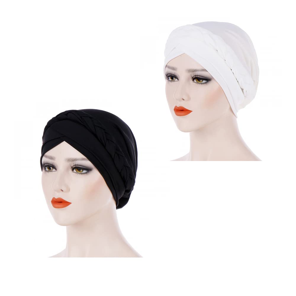 GoodernGoodern 2 Pcs Women Turban Twisted Beanie Beaded Braid Silky Headscarf Cap Stretch Headwrap Hair Covered Wrap Hat Hijab for Ladies Girls Headwear Hair Covered Cap Travel Cap Sunhat Sleep Hat-BW