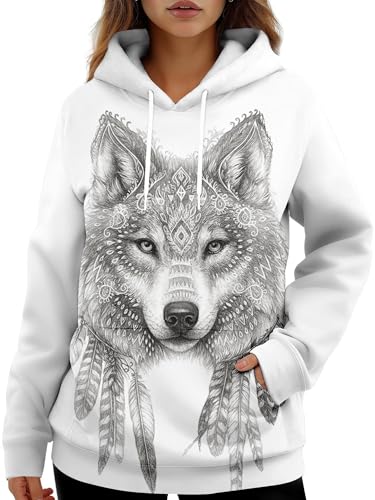 HIVICHI Wolf Hoodies for Women Native American Graphic Cute Print Funny Trendy Pullover Hooded Sweatshirt, X-Large, whd-000104