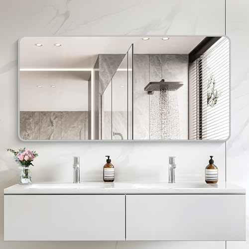 Image of 30x60 Inch Silver Bathroom Mirror, Large Rectangular Vanity Mirror, Metal Framed Rectangle Mirror, Rounded Corner Wall Mounted Mirrors for Living Room Bedroom Entryway Horizontal or Vertical