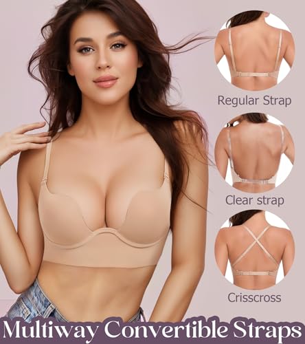 Lemorosy Plunge U Backless Push Up Bra Multiway Convertible Low Cut Lifting Support Underwire Bras for Women2
