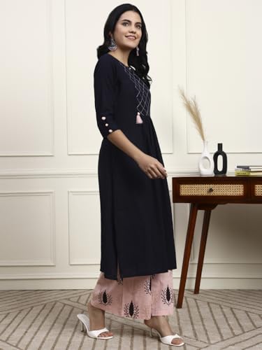 Image of idaLia Cotton Straight Kurta Set for Women with Palazzo 3 /4 Sleeve, Round Neck Designer Kurta with Palazzo Pant Set