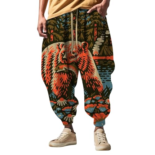 Japanese Pants Men Casual Baggy Anime Print Joggers Sweatpants Elastic Drawstring Tapered Boho Hippie Harem Pants