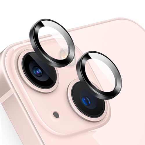 TENOC Camera Lens Protector for iPhone 13 & iPhone 13 Mini 9H Tempered Glass Camera Screen Cover Black Metal Individual Ring