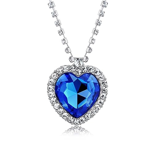 AILUOR Heart of The Ocean Neckalce, Royal Blue Crystal Created Sapphire Pendant with Silver Plated Necklace Jewelry