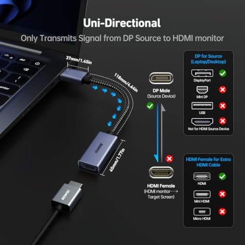 Image of BENFEI 4K DisplayPort to HDMI Adapter Cable, (2K 60Hz, 1080p 120Hz) Uni-Directional Display Port to HDMI Monitor Converter Compatible for HP, Dell, GPU, AMD, NVIDIA, More. Male to Female