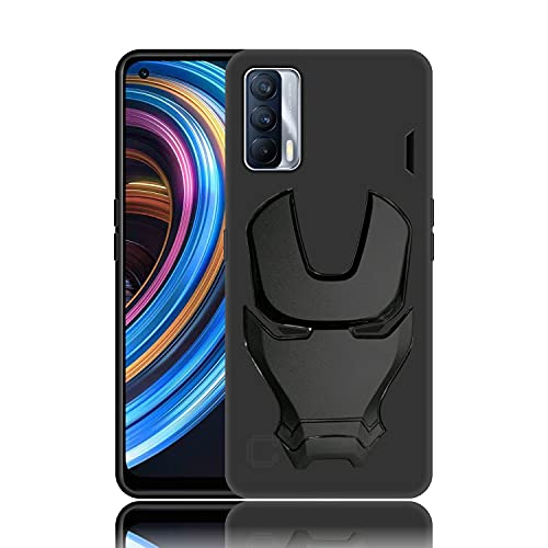 Image of COVERLY Official 3D Smooth Feel Avengers Logo Mask Soft Rugged Grip TPU Silicone Iron Man Engraved Cartoon Movie Engraved Silicone Rubber Matte Strong Back Cover for Realme X7 (6.53 inch) - Black