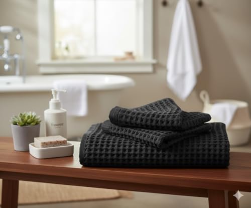 DEMMEX Organic Cotton Waffle Weave Turkish Towel Set for Bathroom, 100% Oeko-TEX Certified Super Soft Turkish Cotton, Lightweight & Quick Dry, 1 Bath & 2 Large Hand Towels, 30x60/20x30 in., Navy Blue - Thumbnail 3