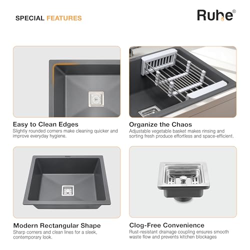Image of Ruhe Smoke Grey Quartz Single Bowl Kitchen Sink - 24x18x9 inches | Noise-Reducing, Durable & Scratch-Resistant Kitchen Granite Sink | Sink Coupling, Waste Pipe & Vegetable Washing Basket