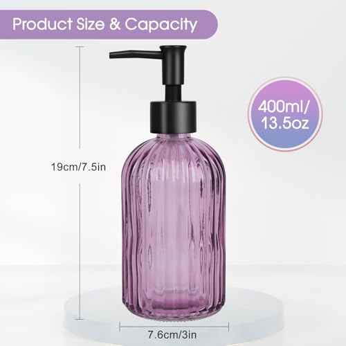 Topsky Stripe Glass Soap Dispenser with Black Plastic Pump, 400ml Liquid Hand Soap Dispenser, Rustproof Pump for Kitchen & Bathroom, Great for Lotions, Essential Oil, Liquid Soaps-Purple4