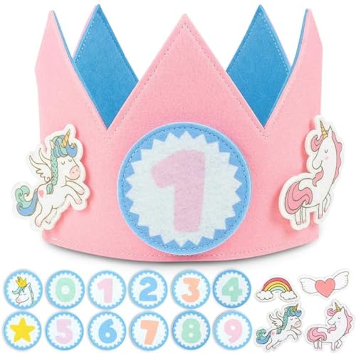 Corona Cumpleaños Ajustable 1 año, 2 3 4 y 5 Años (Intercambiables) - Gorro Infantil de Tela Primer Cumple Año - Gorros de Regalo Niño y Niña, Ajustable con Velcro. Ideal para Fiestas (Unicornio)