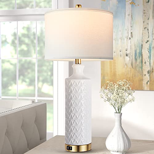 Touch Control Table Lamp Set Of 2, Modern Contemporary Ceramic Bedside Lamps With 2 Usb Ports, 3-Way Dimmable Nightstand Lamp With White Fabric Shade For Living Room, Bedroom (Led Bulbs Included) #TOP6