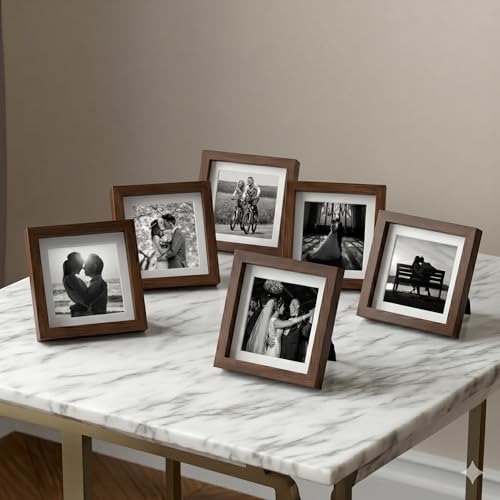 Image of Stuthi Arts Premium 4x4 Inch (10x10 cm) Table Top Photo Frame, Set of 6, Elegant Desk Decor Set, Gallery, MDF with Glass Front (Brown, 4x4 inch)