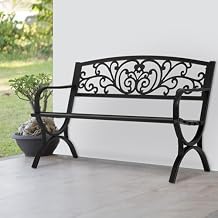 PayLessHere Black Outdoor Metal Loveseat Chairs Patio Garden Bench 50-inch Slatted Seat Armrests Floral Design Plastics Backres Perfect for Park, Yard, Porch, Lawn, Balcony, Backyard