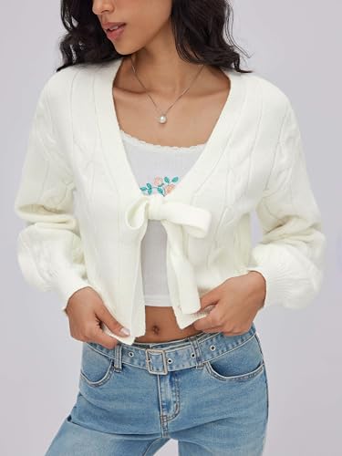 CIDER Womens Tie Front Cardigan Cute Fall Fashion Cozy Sweaters Trendy Crochet Cropped Going Out Puff Sleeve Top3