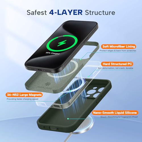 Image of Miracase Magnetic for iPhone 15 Pro Case, [Soft Anti-Scratch Microfiber Lining], Compatible with MagSafe, Liquid Silicone Shockproof Drop Protection Phone Case for 15 Pro, Dark Green
