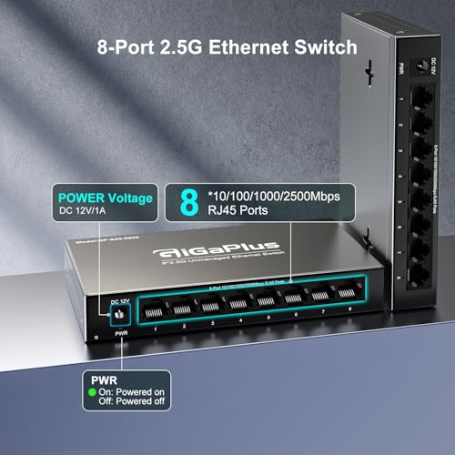 Image of 8 Port 2.5Gb Unmanaged Ethernet Switch with 8* 2.5G Base-T Ports. GiGaPlus 2.5Gbps Network Switch for 2.5Gbps NAS /PC, WiFi6 Router, Wireless AP. Fanless Design, Plug and Play