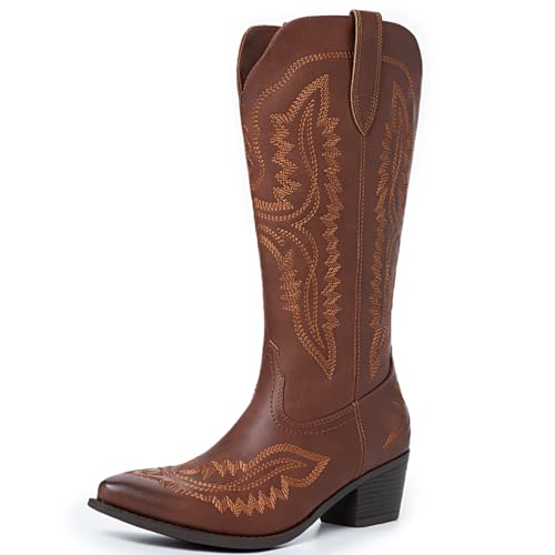 Athlefit Women's Square Toe Cowboy Cowgirl Boots Low Chunky Heel Embroidery Western Mid Calf Boots for Country Concerts