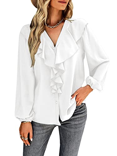 Vrtige Women's V Neck Ruffle Front Button Down Long Sleeve Blouse Top Shirt3