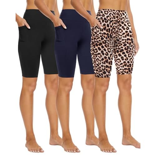 3 Pack Biker Shorts with Pockets for Women – 8"/5" High Waisted Tummy Control Workout Spandex Shorts for Gym Yoga 8 IN Small-Medium Black/Navy Blue/Leopard Print