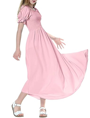 Mebius Girls Cottagecore Maxi Dress Smocked Puff Sleeve Square Neck Flowy Boho A-line Ruffle Short Sleeve Dresses 8-14Y