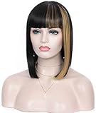 Kalyss Bob Short Hair Wig for Black Women Heat Resistant Yaki Synthetic Hair Women's Wig With Hair Bangs (Black With Strawberry Honey Blonde Strips)