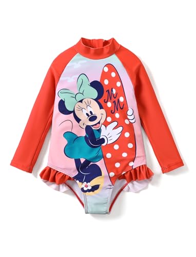 Image of Disney Frozen Stitch Princess Minnie Mouse Girls Swimsuit Long Sleeve Rashguard UPF 50 One Piece Bathing Suit Size 3M-13Y