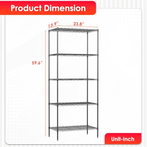 Image of BestOffice | 5-Tier Wire Storage Shelves | 14 x 24 x 60 | Black | with Adjustable Racks | Metal Shelf, Holds Upto 500 lbs | No-Tool Assembly | Ideal for Home & Garage Shelving