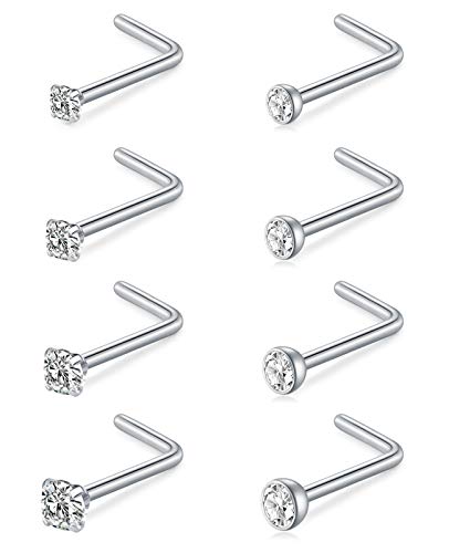 MODRSA Nose Studs 18g & 20g - L-Shaped Surgical Stainless Steel Diamond Studs for Women & Men - Corkscrew Nose Rings