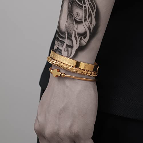 Rintoler 3Pc Stainless Steel Bracelets For Men Gold Roman Numeral Men's Imperial Crown Twisted Cable Bangle Bracelet #TOP1
