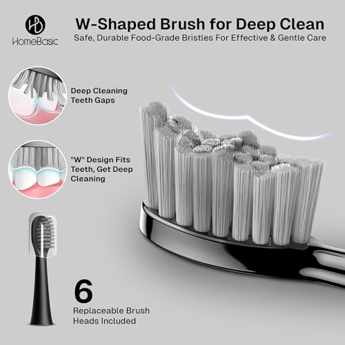 Image of HomeBasic Sonic Shine Electric Toothbrush for Adults, Rechargeable with 6 Brush Heads | 3 Modes, Smart 2-Min Timer, USB-C Charging, 50-Day Battery | IPX7 Waterproof Travel Case Included (Black)