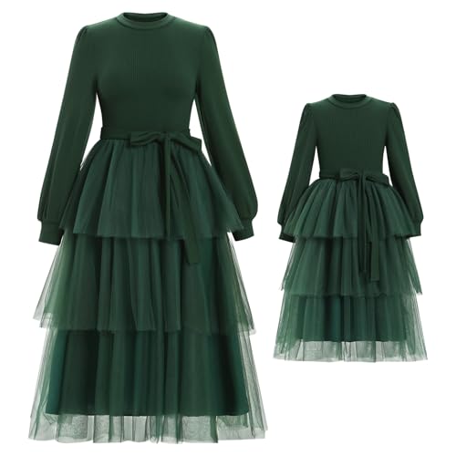 AWIBMK Mom and Me Christmas Dresses Ribbed Knit Tiered Hemline Tulle Velvet Dress Fall Winter Xmas Matching Outfits with Belt