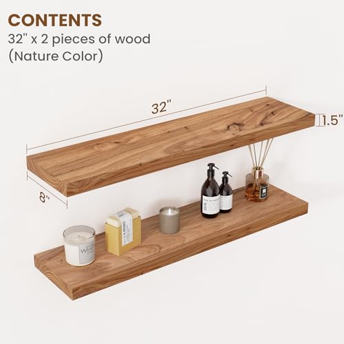 Image of Floating Shelves for Wall Decor, 8 inch Deep Rustic Solid Elm Wood Floating Shelves Wall Mounted, Wall Shelves with Invisible Bracket for Living Room Bathroom Bedroom Kitchen, 32 Inch Set of 2, Natural