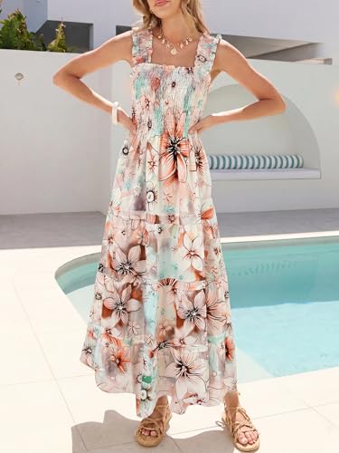 Image of Caracilia Womens Summer Maxi Dresses Floral Smocked Sleeveless Ruffle Boho Casual Flowy Aline Beach Vacation Long Sundress
