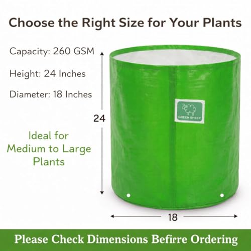 Image of GREENSHEEP HDPE Grow Bag Heavy Duty 260 GSM Round Plants Flower Growing Bags Floor Standing Mount Type for Home Garden Balcony Terrace Kitchen Nursery (Green, 24x18 inch, Pack of 8)