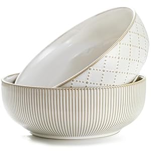 getstar Large Serving Bowls (9.5 inch & 92 fl oz), Ceramic Salad Bowl Set of 2, Microwave and Dishwasher Safe, Farmhouse Kitchen Decorative Bowls Set (Embossed Checks & Stripes)